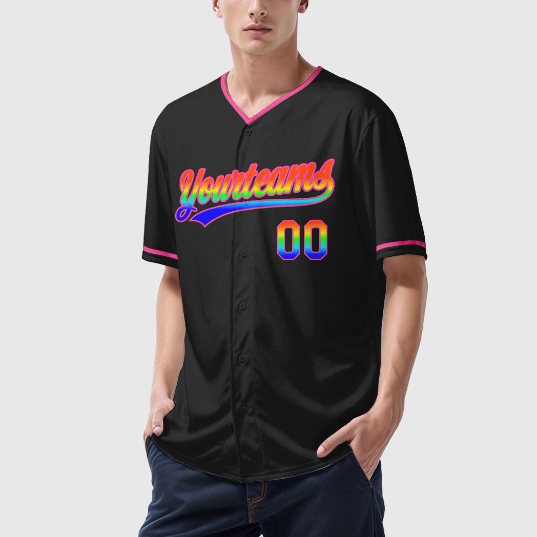 Custom Black White Rainbow-Pink 3D Collar Sleeve Baseball Jersey