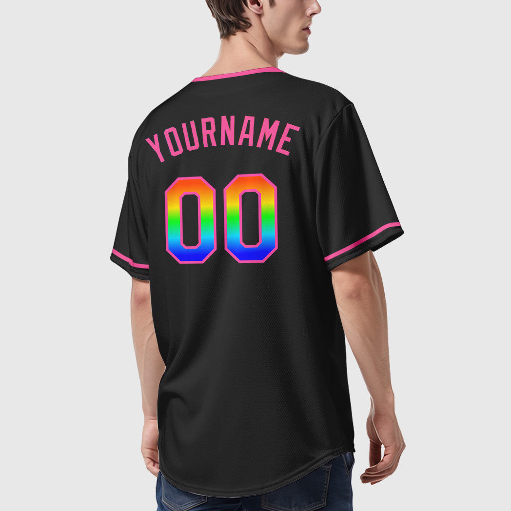 Custom Black White Rainbow-Pink 3D Collar Sleeve Baseball Jersey