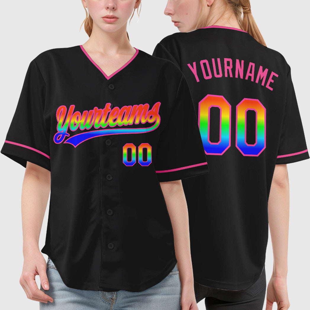 Custom Black White Rainbow-Pink 3D Collar Sleeve Baseball Jersey