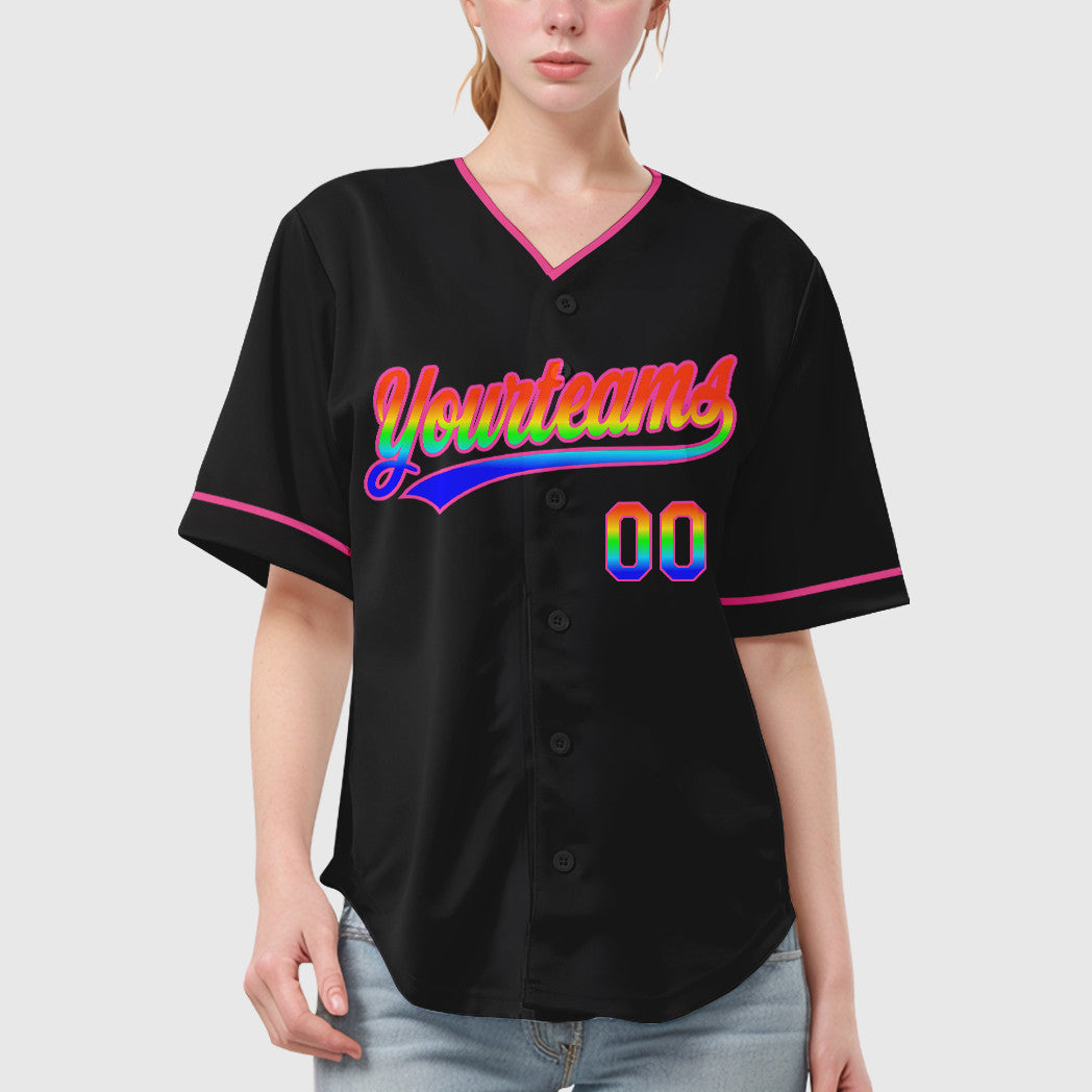 Custom Black White Rainbow-Pink 3D Collar Sleeve Baseball Jersey