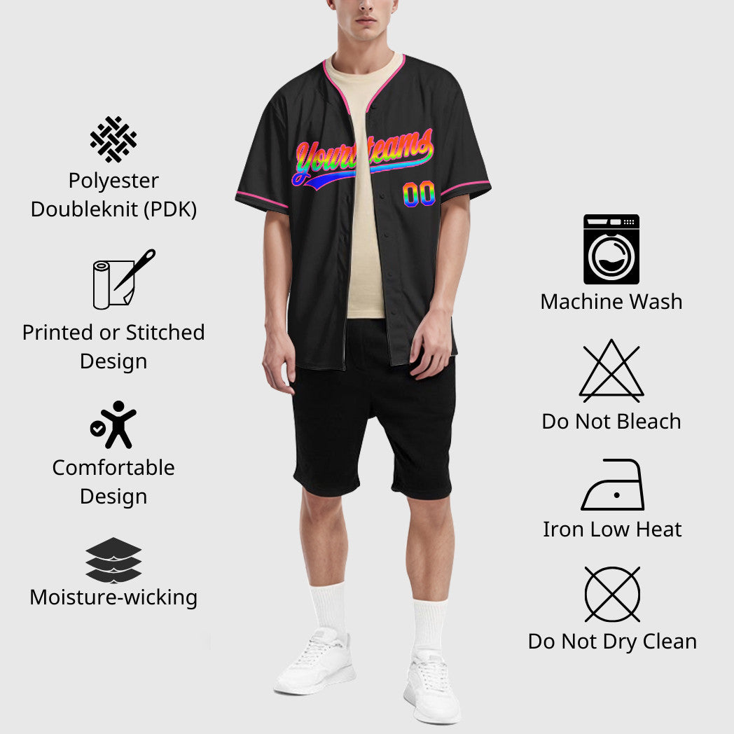 Custom Black White Rainbow-Pink 3D Collar Sleeve Baseball Jersey