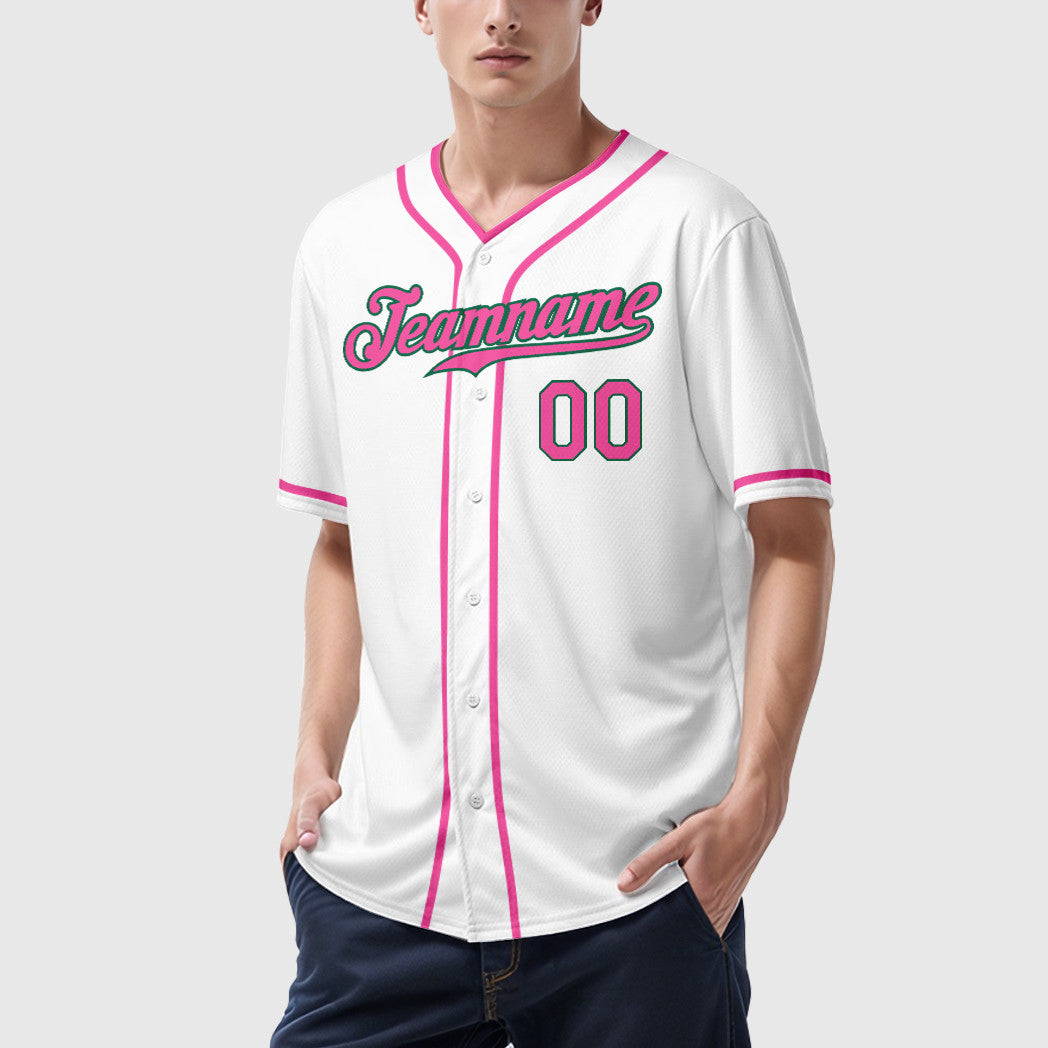 Custom White Kelly Green Pink-Kelly Green Piping Baseball Jersey