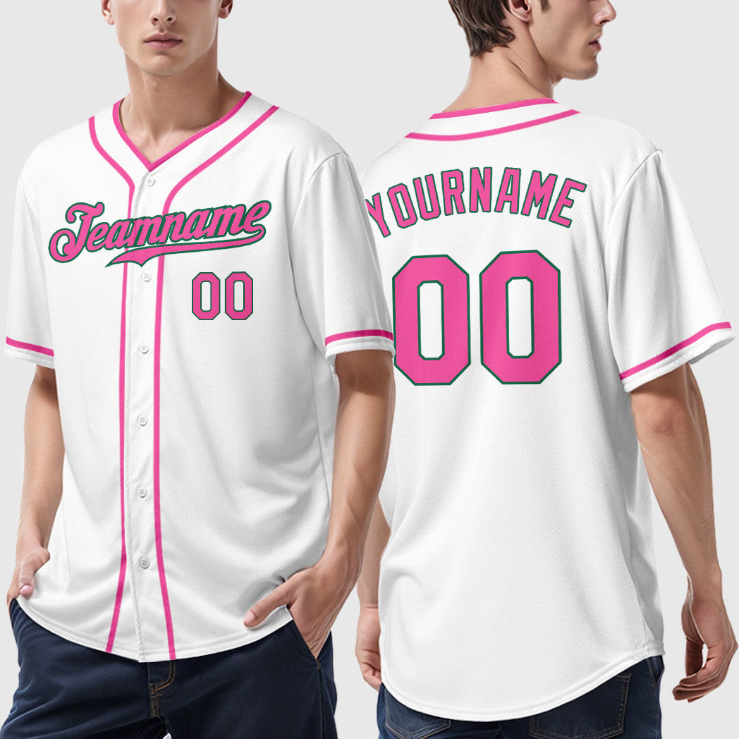 Custom White Kelly Green Pink-Kelly Green Piping Baseball Jersey