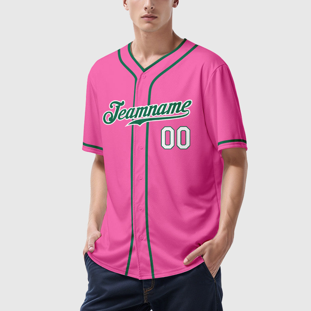 Custom Pink White Kelly Green-White Piping Baseball Jersey