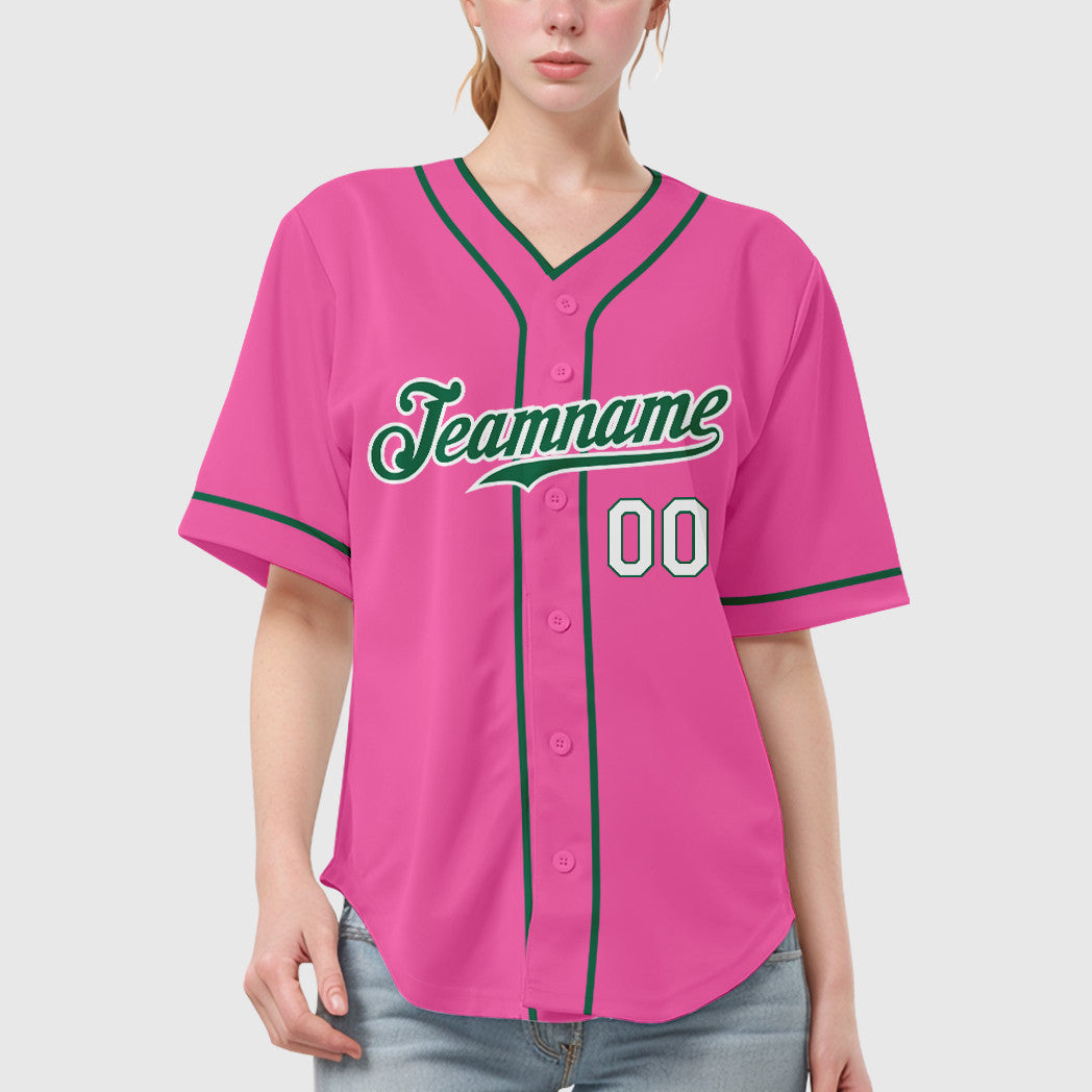 Custom Pink White Kelly Green-White Piping Baseball Jersey