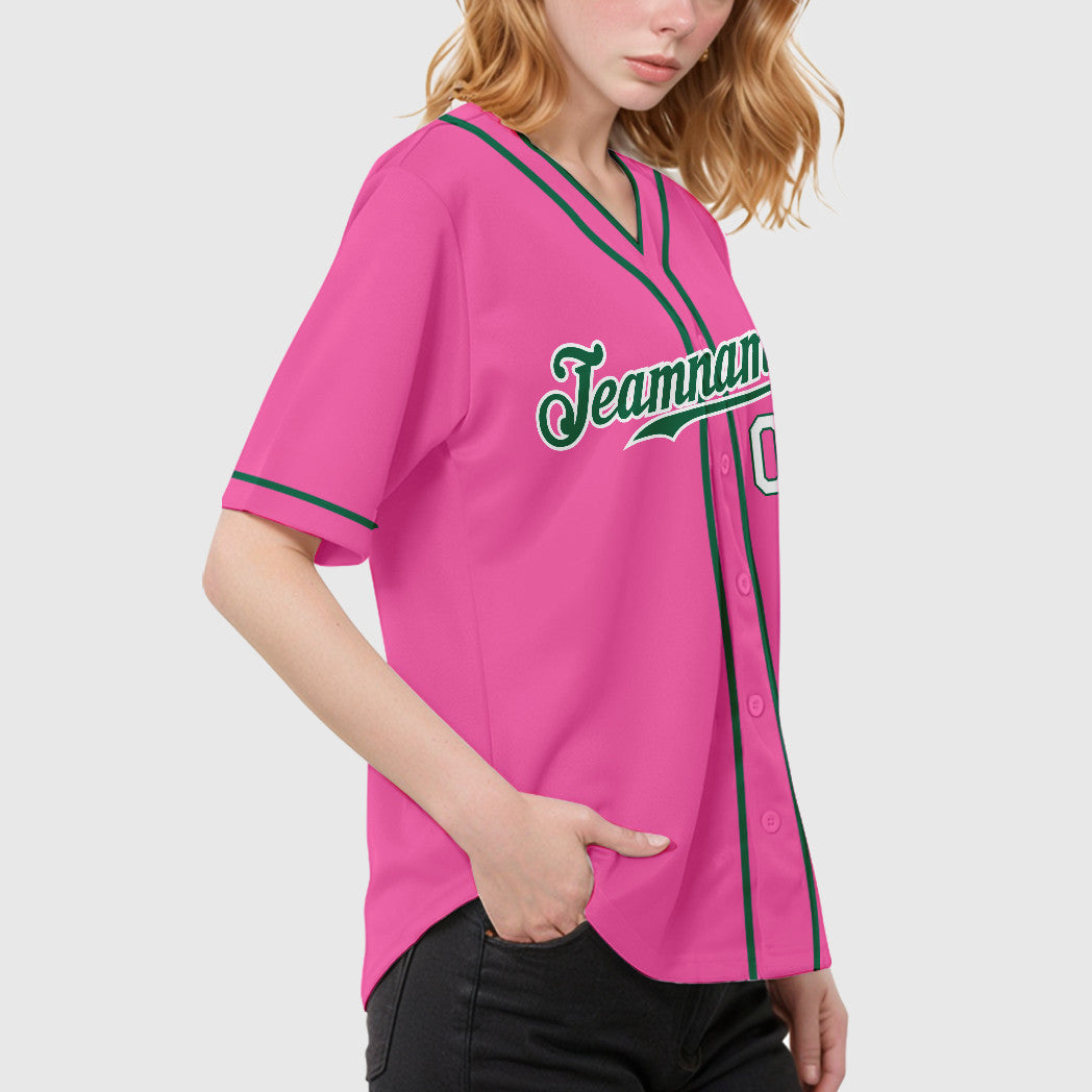 Custom Pink White Kelly Green-White Piping Baseball Jersey