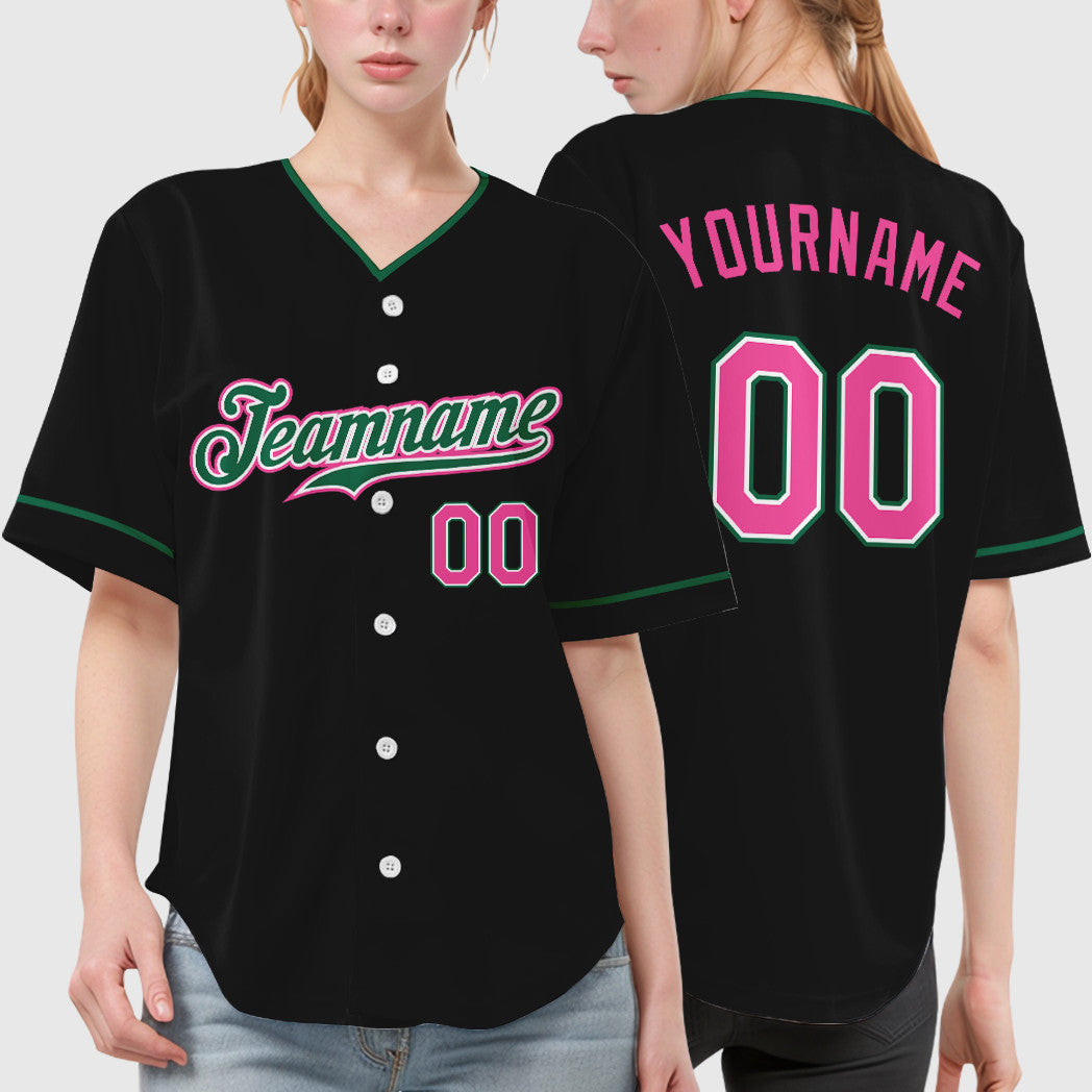Custom Black Pink Pink-Kelly Green Collar Sleeve Baseball Jersey