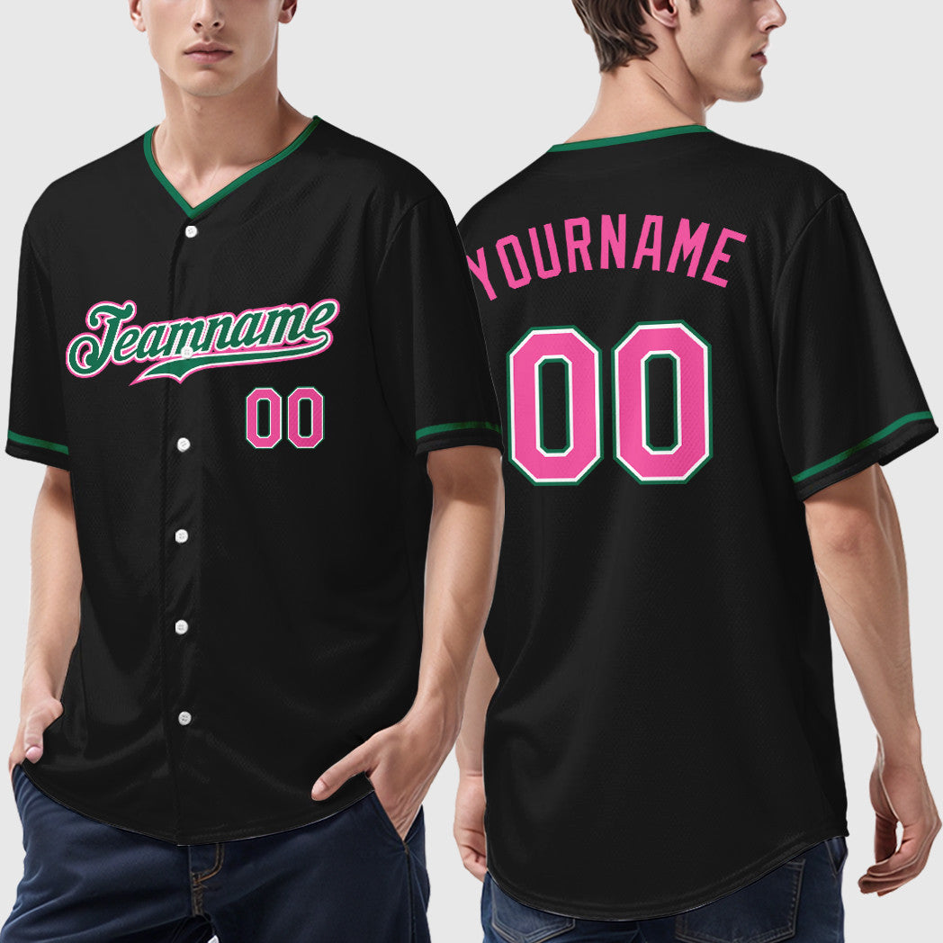 Custom Black Pink Pink-Kelly Green Collar Sleeve Baseball Jersey