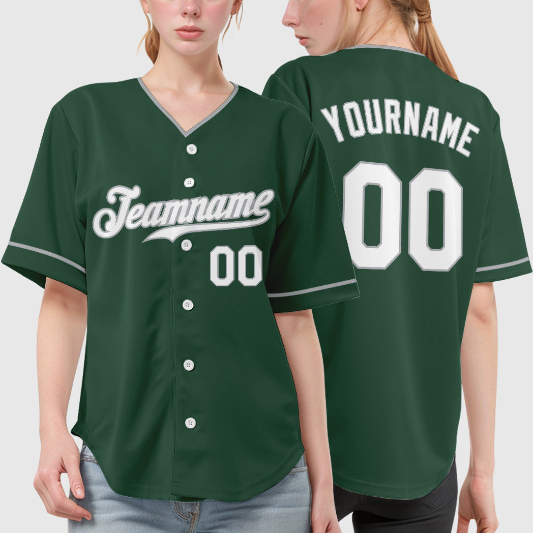 Custom Green White Gray Collar Sleeve Baseball Jersey