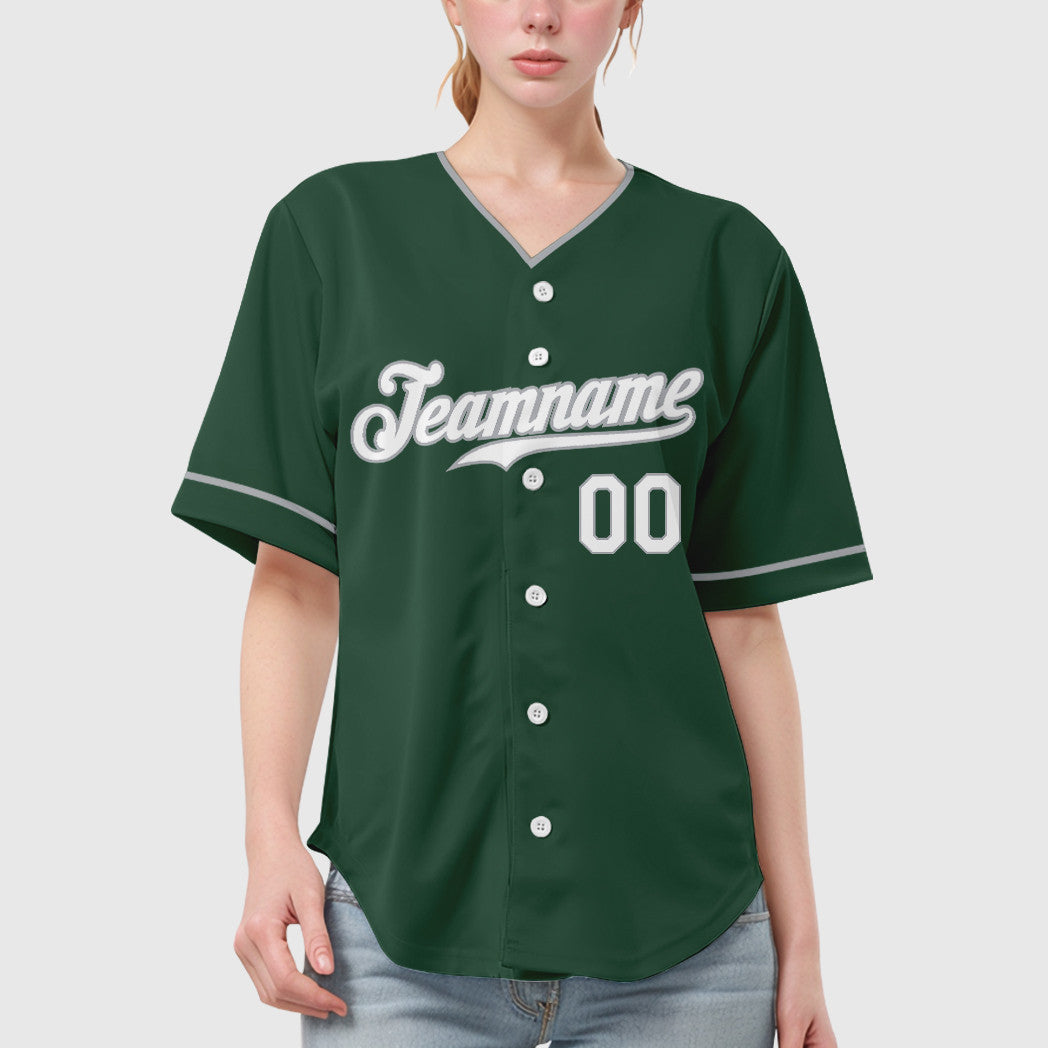 Custom Green White Gray Collar Sleeve Baseball Jersey