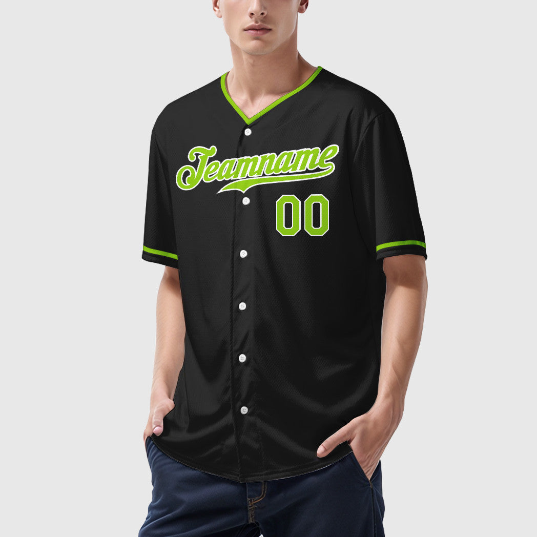 Custom Black White Neon Green Collar Sleeve Baseball Jersey