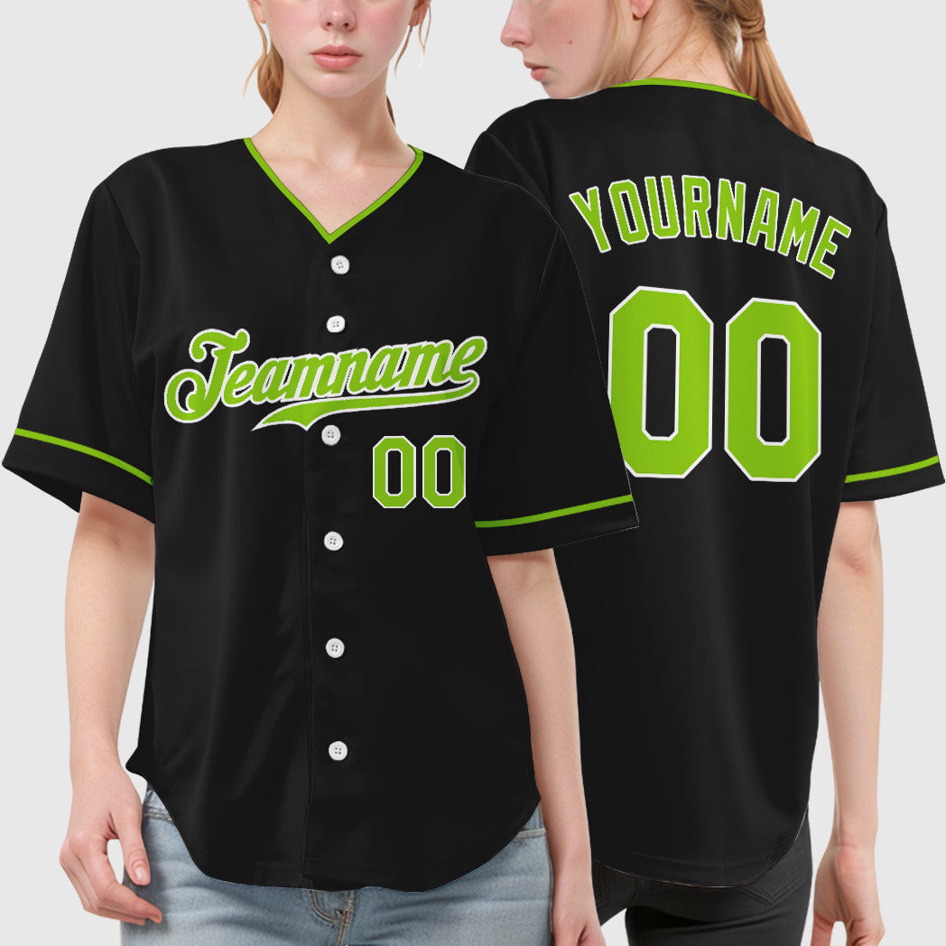 Custom Black White Neon Green Collar Sleeve Baseball Jersey