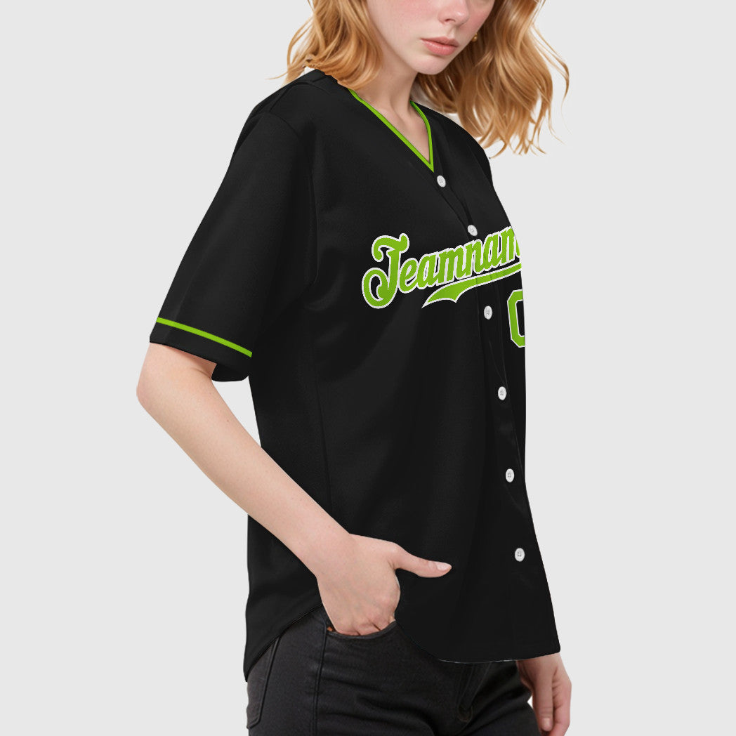 Custom Black White Neon Green Collar Sleeve Baseball Jersey