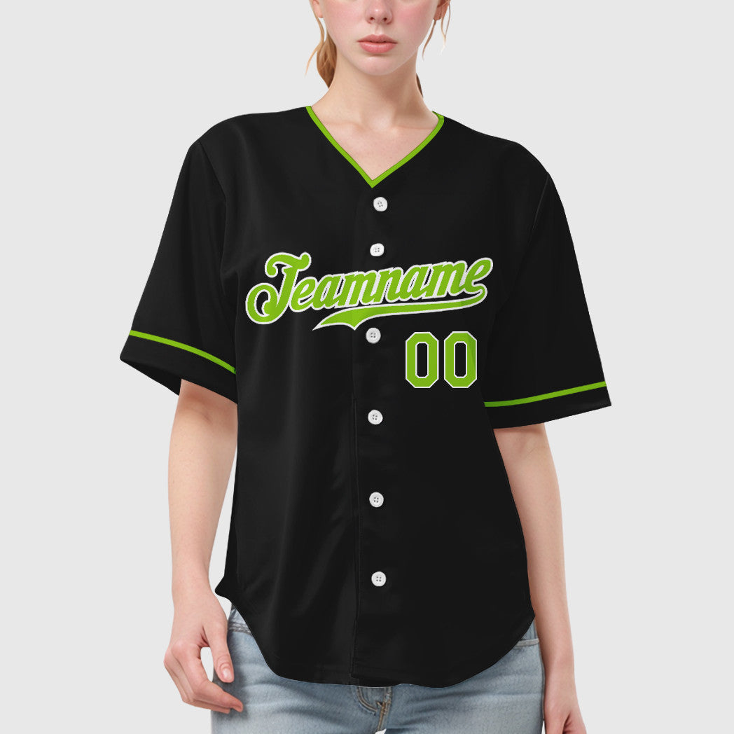 Custom Black White Neon Green Collar Sleeve Baseball Jersey