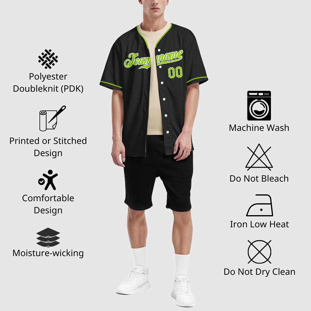 Custom Black White Neon Green Collar Sleeve Baseball Jersey