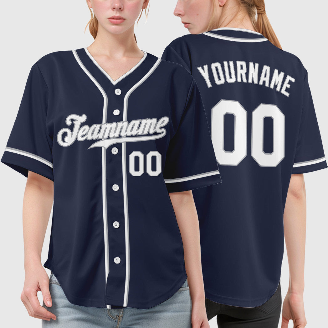 Custom Navy White White-Gray Piping Baseball Jersey