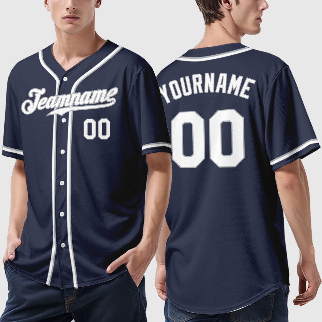 Custom Navy White White-Gray Piping Baseball Jersey