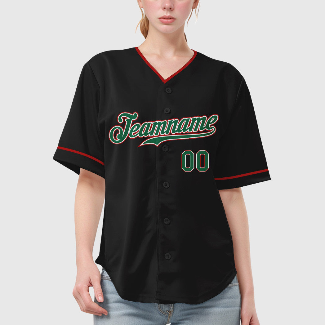 Custom Black Kelly Green Kelly Green-Red Collar Sleeve Baseball Jersey