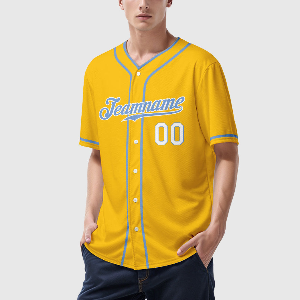 Custom Yellow Light Blue Light Blue-White Piping Baseball Jersey