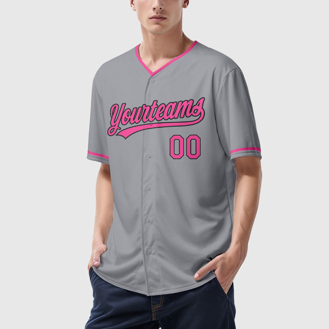 Custom Gray Black Pink Collar Sleeve Baseball Jersey