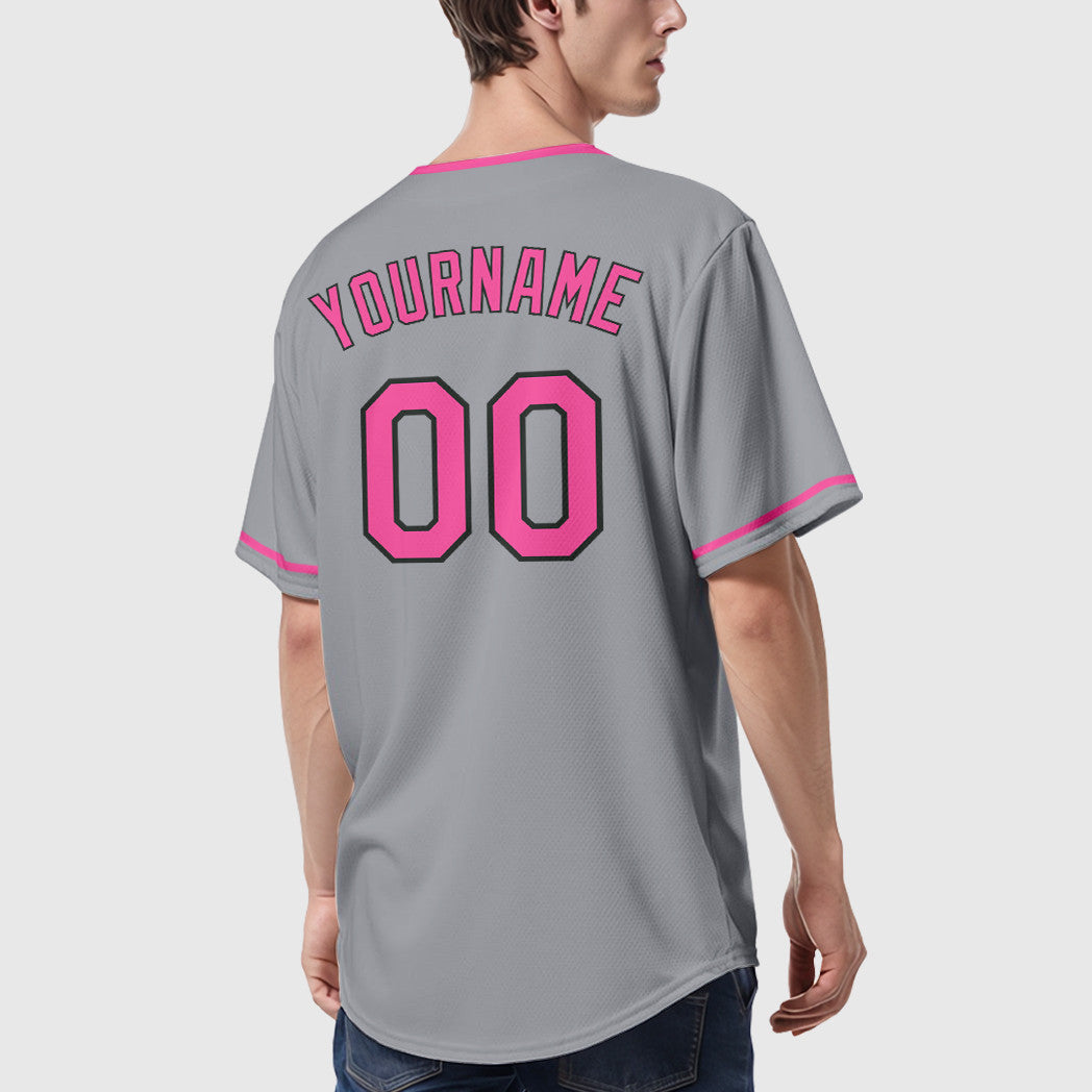 Custom Gray Black Pink Collar Sleeve Baseball Jersey