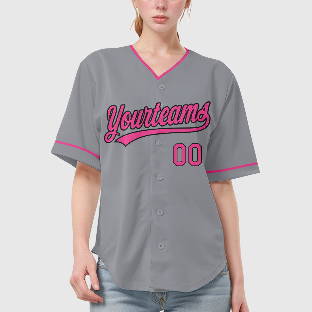 Custom Gray Black Pink Collar Sleeve Baseball Jersey