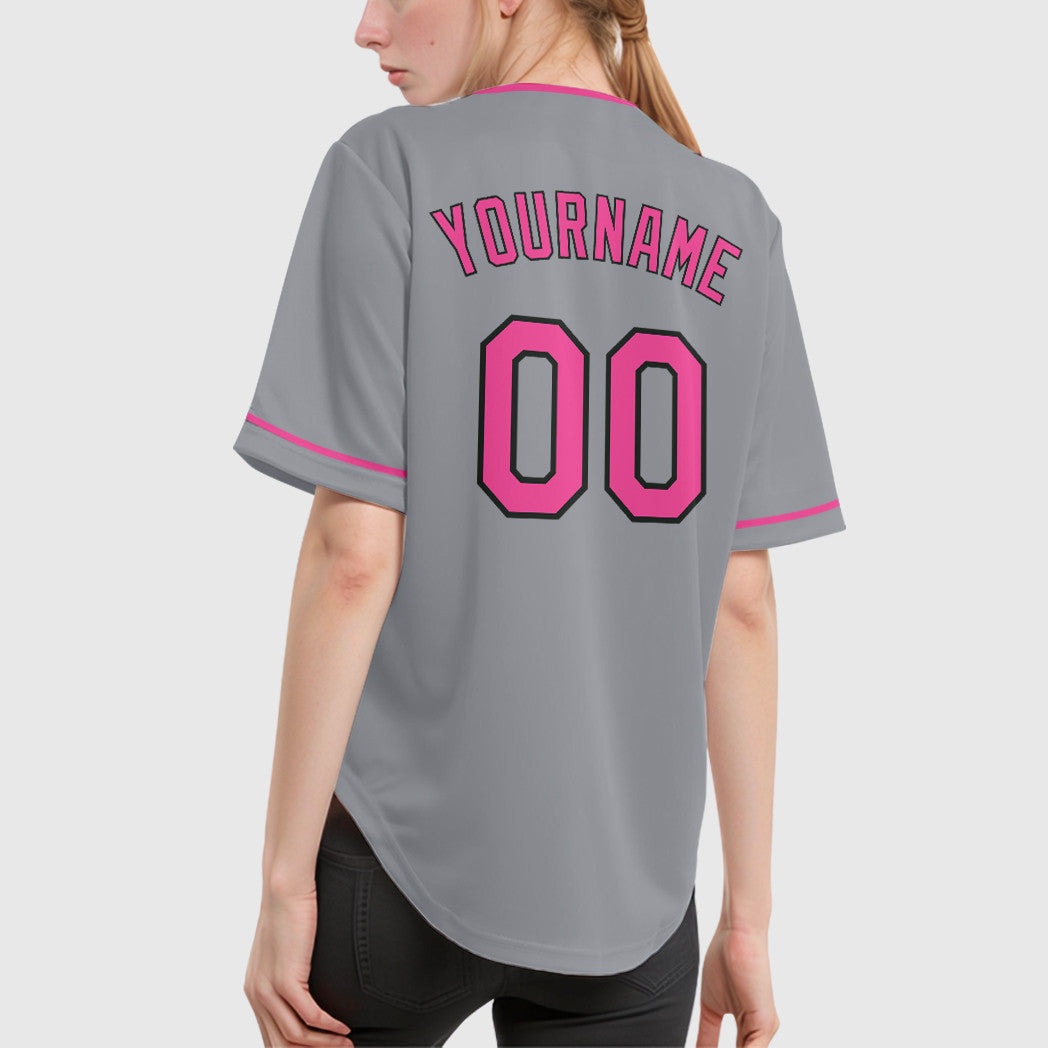 Custom Gray Black Pink Collar Sleeve Baseball Jersey