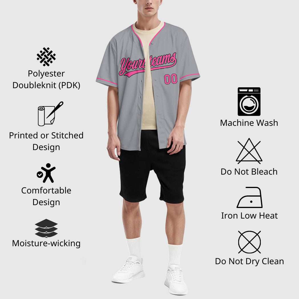 Custom Gray Black Pink Collar Sleeve Baseball Jersey