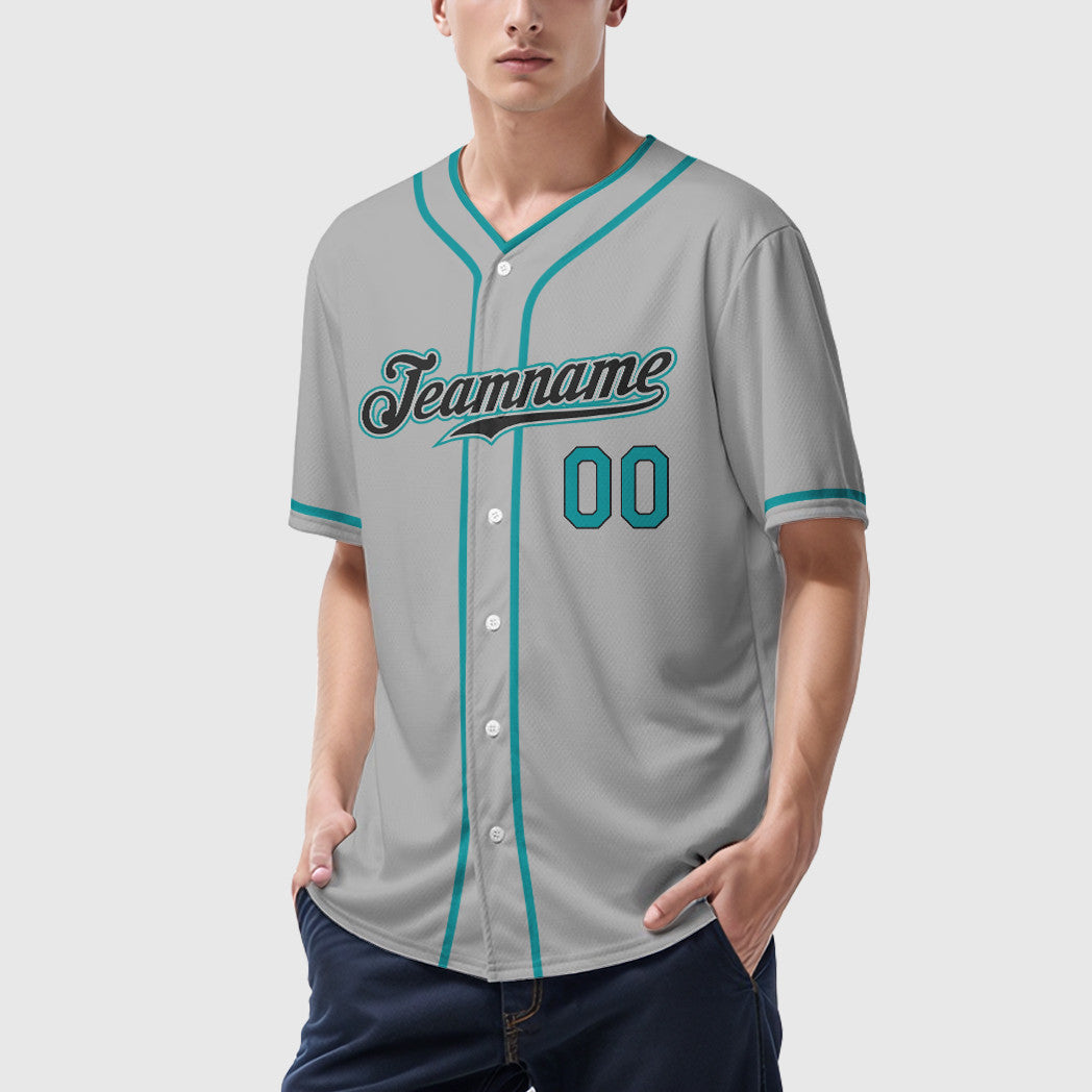 Custom Gray Black Teal Piping Baseball Jersey