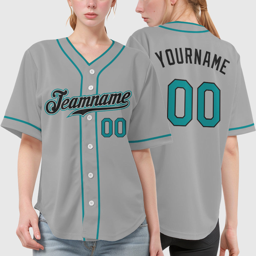 Custom Gray Black Teal Piping Baseball Jersey