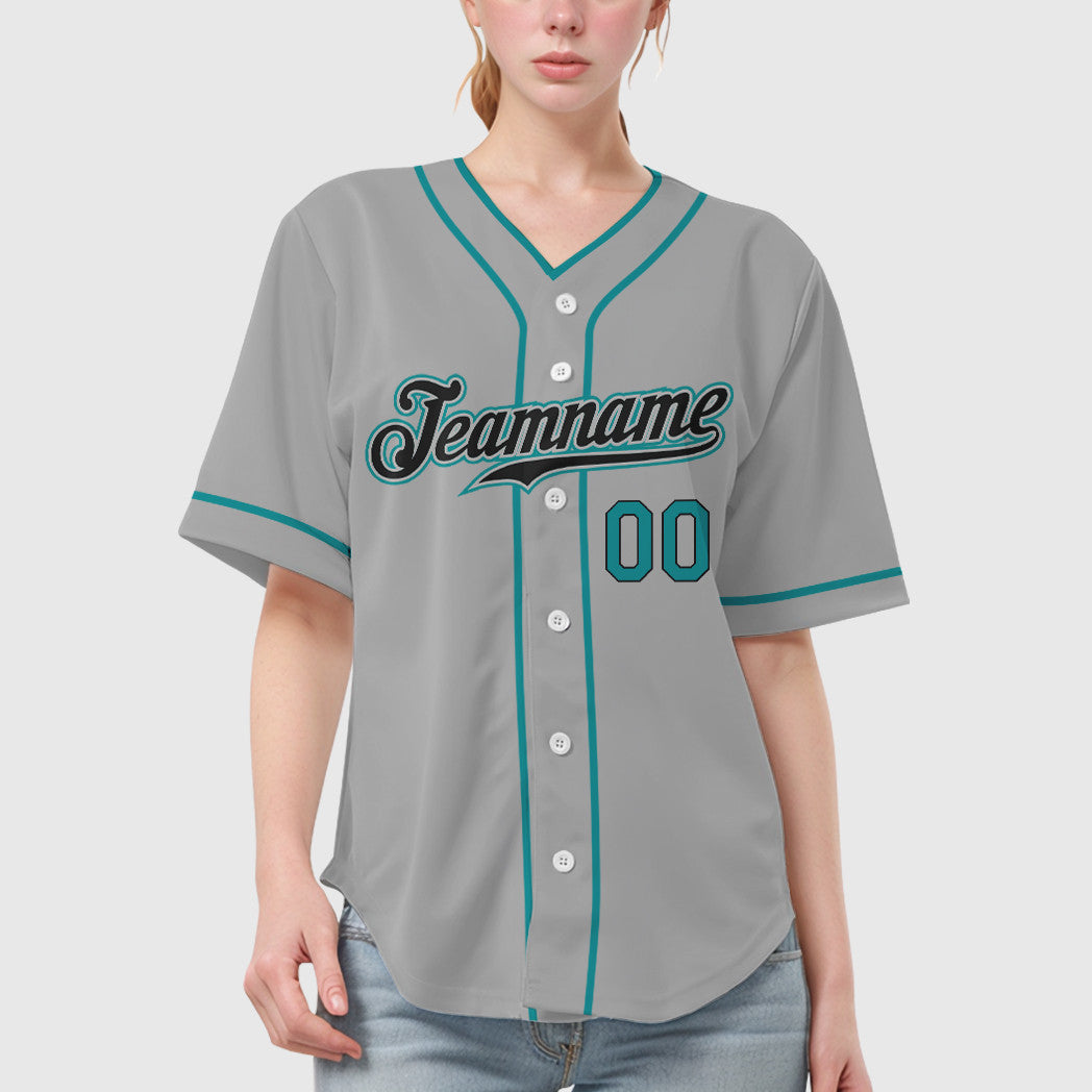 Custom Gray Black Teal Piping Baseball Jersey