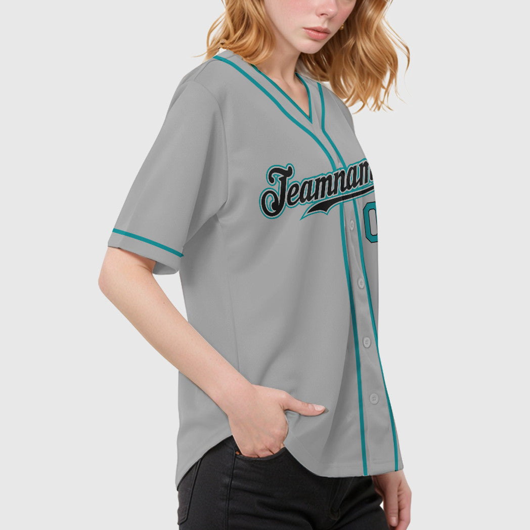 Custom Gray Black Teal Piping Baseball Jersey