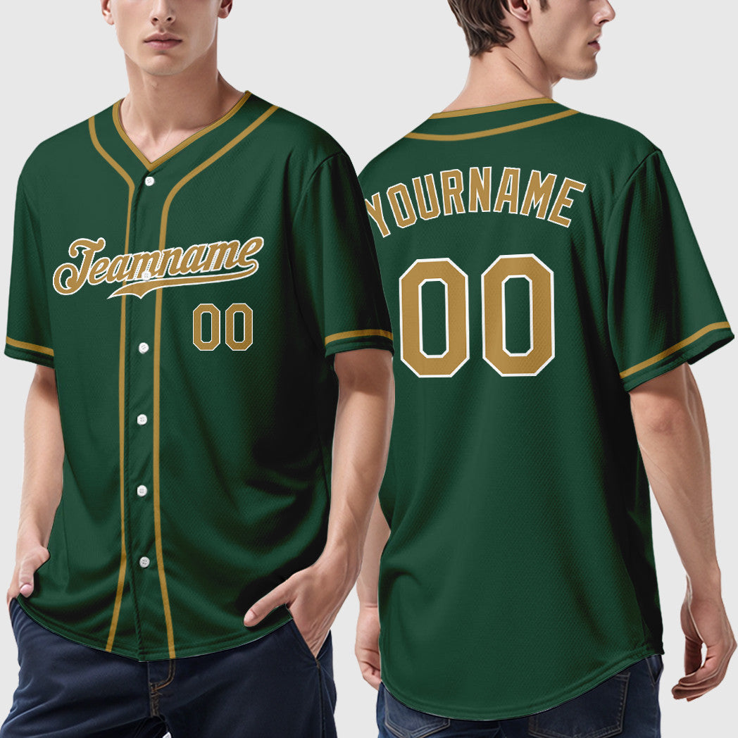 Custom Green White Old Gold-White Piping Baseball Jersey