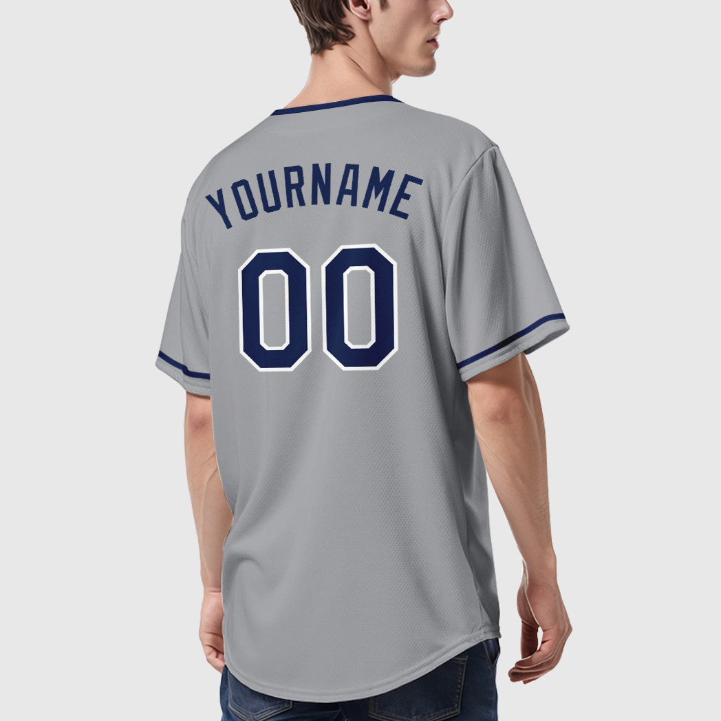 Custom Gray Navy Navy-White Collar Sleeve Baseball Jersey