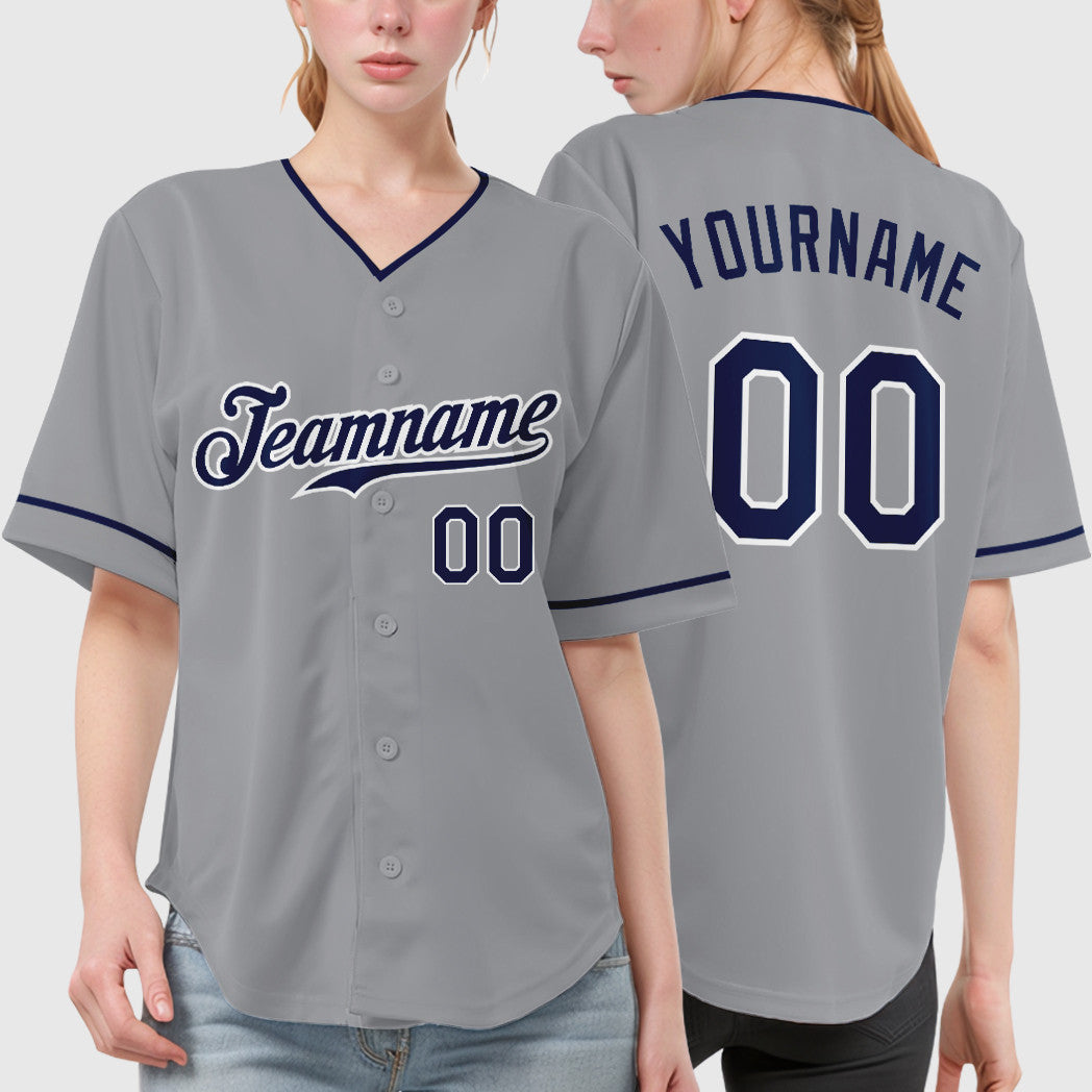 Custom Gray Navy Navy-White Collar Sleeve Baseball Jersey