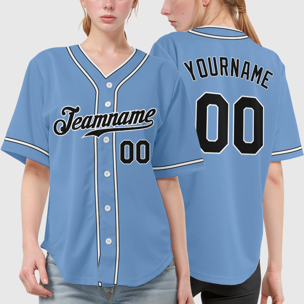 Custom Light Blue White Black Piping Baseball Jersey
