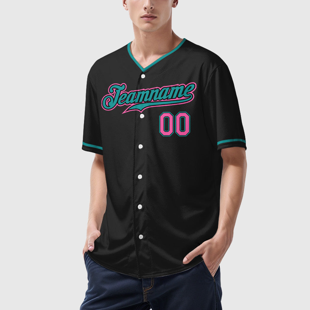 Custom Black Pink Pink-Teal Collar Sleeve Baseball Jersey