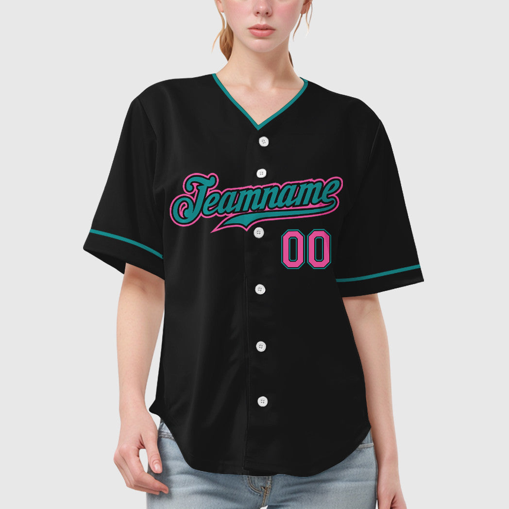Custom Black Pink Pink-Teal Collar Sleeve Baseball Jersey