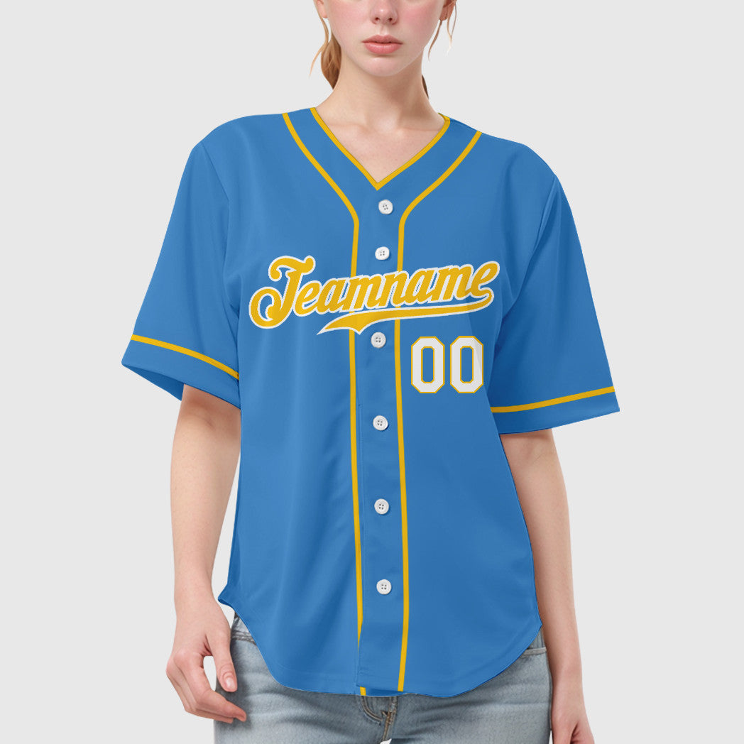 Custom Powder Blue White Gold-White Piping Baseball Jersey