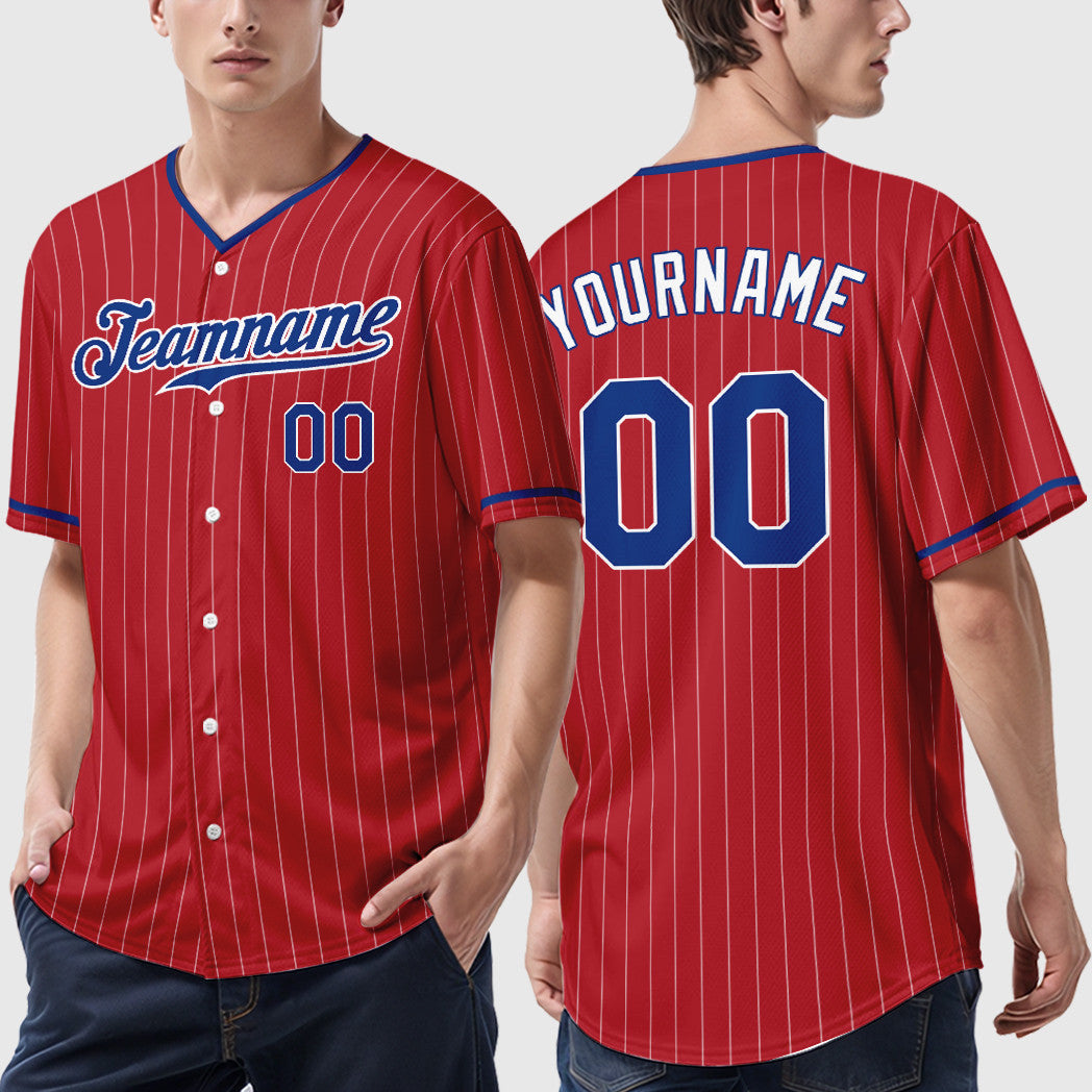 Custom Red White Royal-White Pinstripe Baseball Jersey