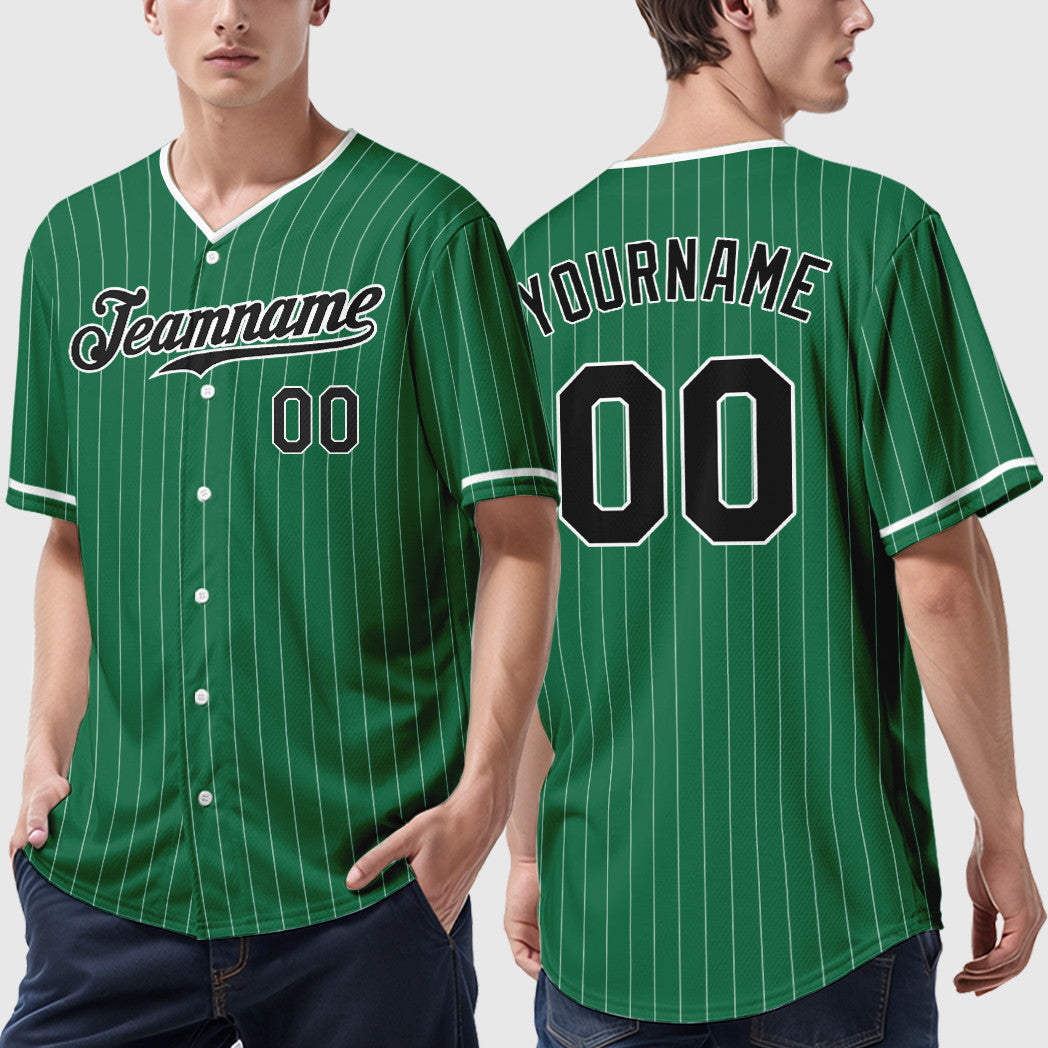 Custom Kelly Green White Black Pinstripe Baseball Jersey