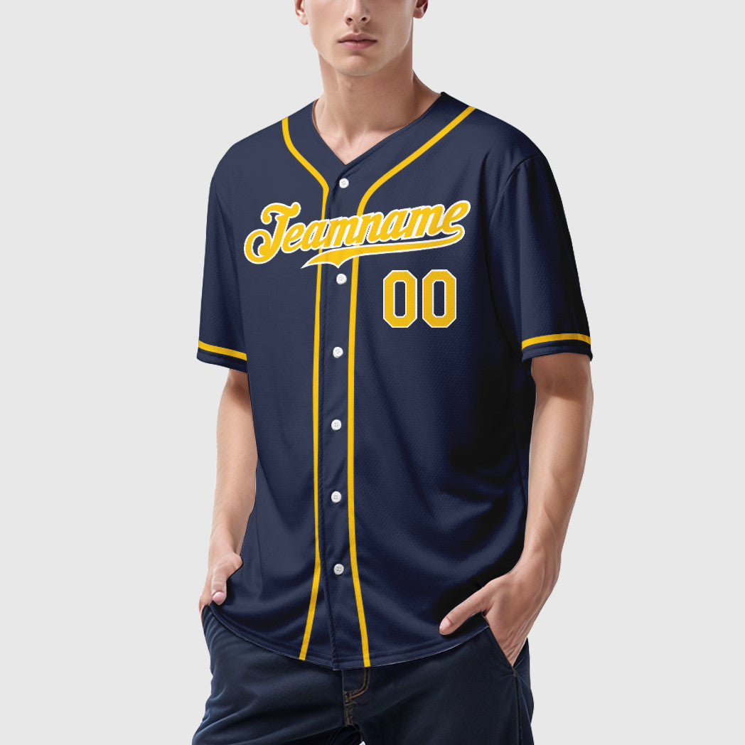 Custom Navy White Gold Sleeve Baseball Jersey