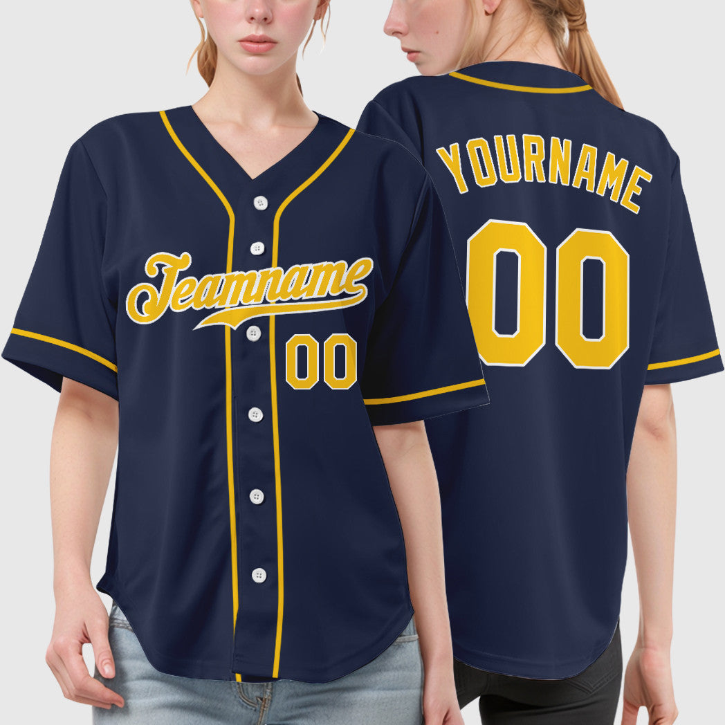 Custom Navy White Gold Sleeve Baseball Jersey