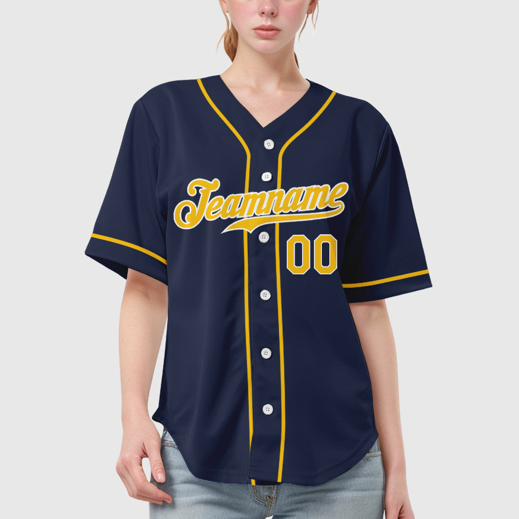 Custom Navy White Gold Sleeve Baseball Jersey