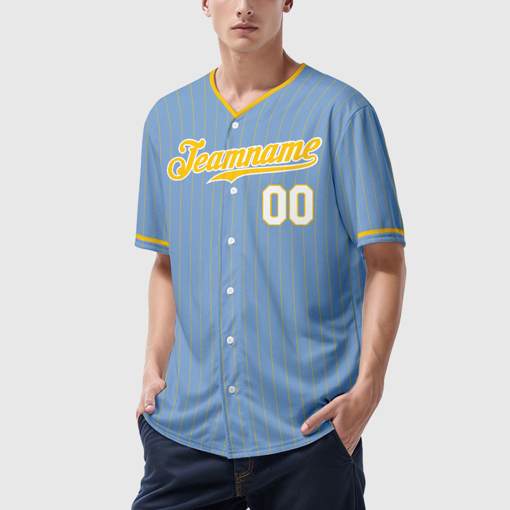 Custom Light Blue Gold Gold-White Pinstripe Baseball Jersey