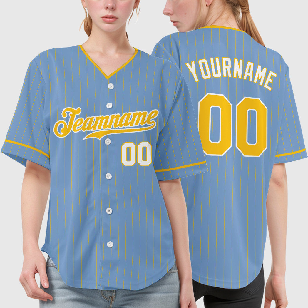 Custom Light Blue Gold Gold-White Pinstripe Baseball Jersey