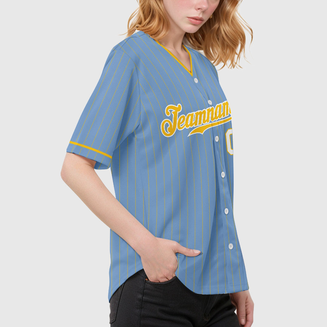 Custom Light Blue Gold Gold-White Pinstripe Baseball Jersey