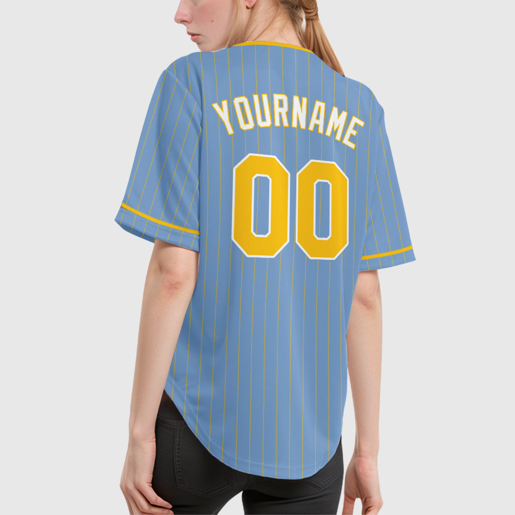 Custom Light Blue Gold Gold-White Pinstripe Baseball Jersey