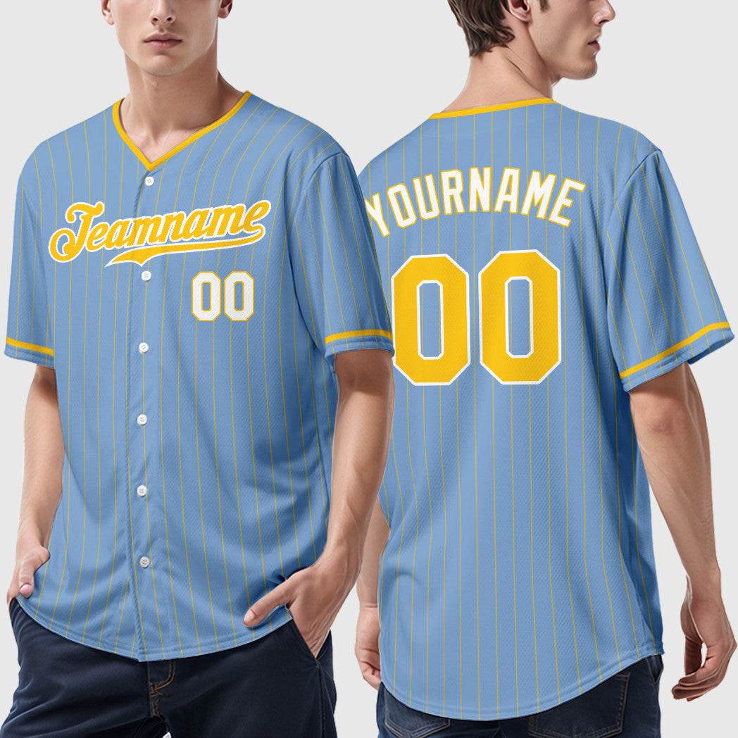 Custom Light Blue Gold Gold-White Pinstripe Baseball Jersey