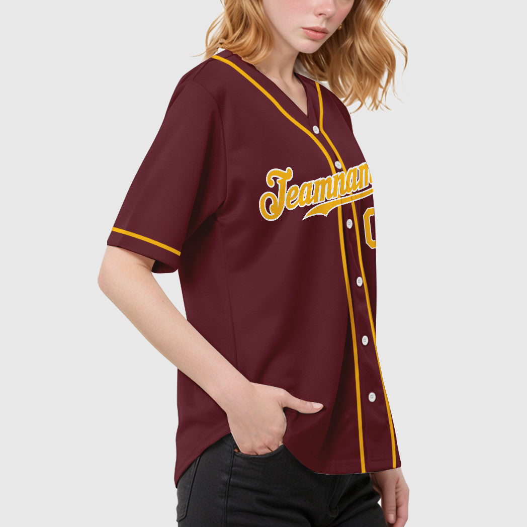 Custom Burgundy Gold White Sleeve Baseball Jersey